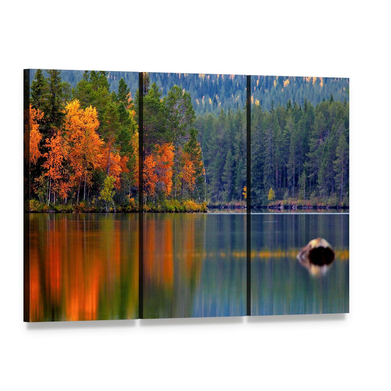Autumn Lake with Forest Reflection Canvas Wall Art, 3 panel 3 Horizontal layout gallery wrapped canvas set, angled product view