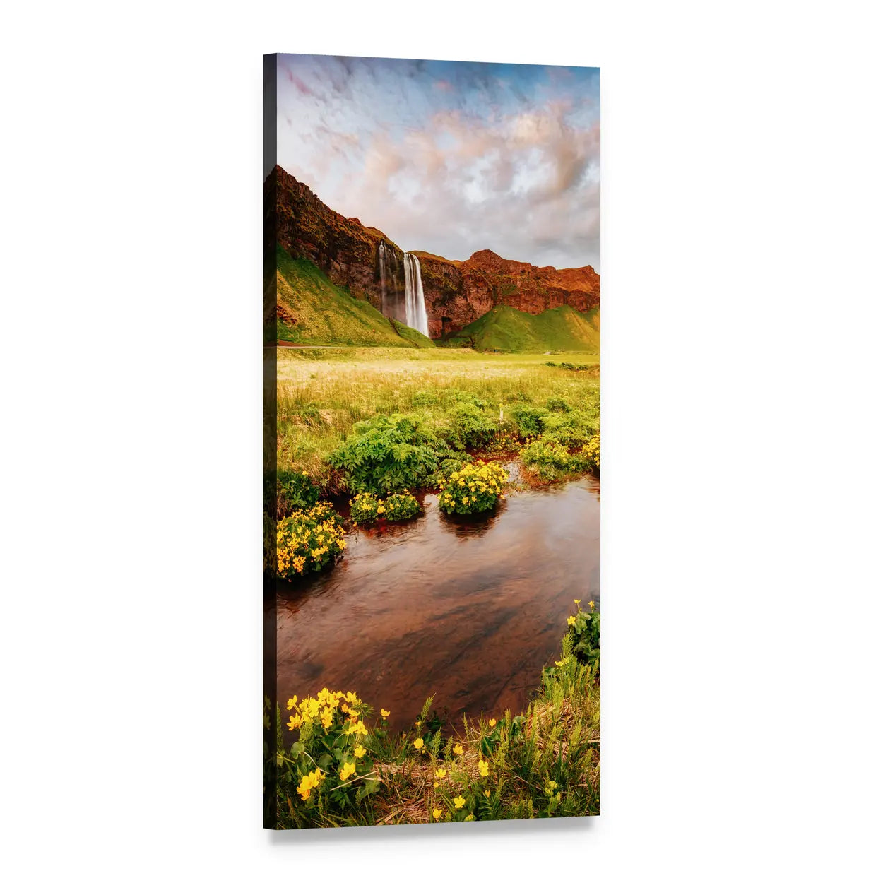 Blooming Green Meadow with Waterfall Vertical Canvas Wall Art, 1 panel 1 Vertical layout gallery wrapped canvas set, angled product view