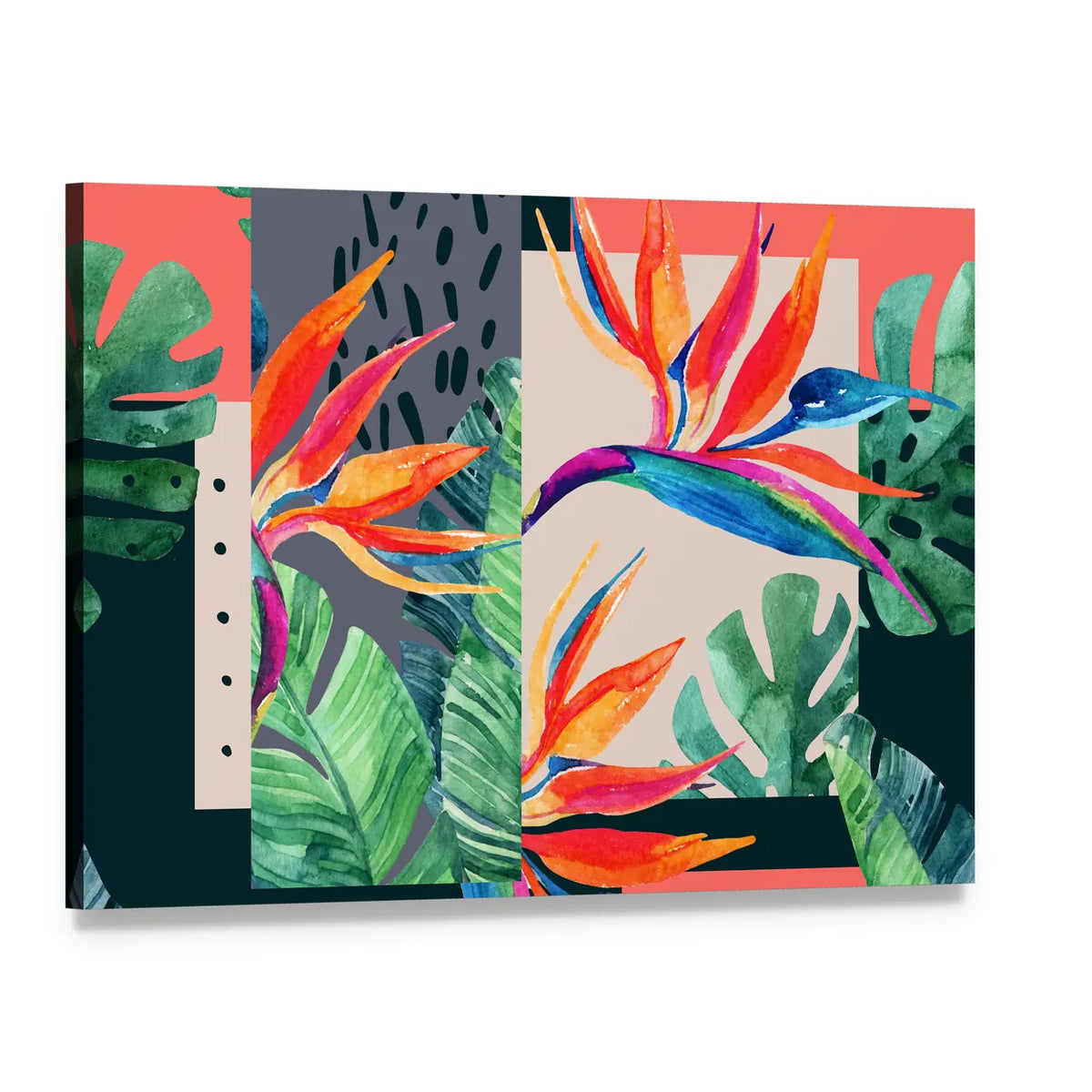 Watercolor Exotic Flowers and Tropical Leaves Canvas Wall Art, single panel gallery wrapped canvas, angled product view