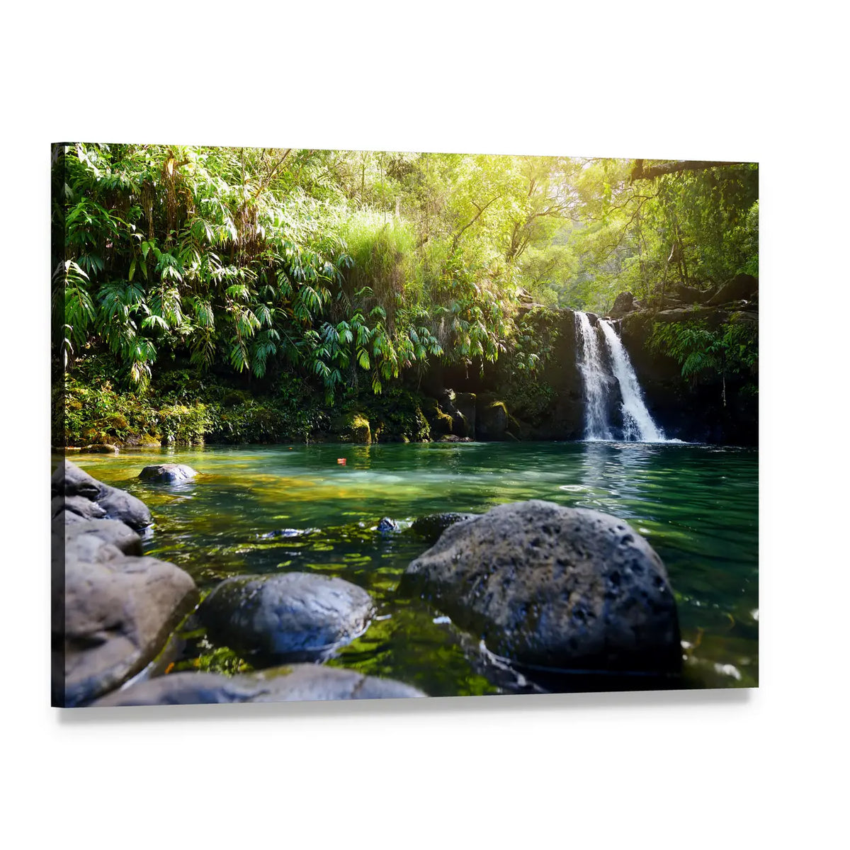 Lower Waikamoi Falls Canvas Wall Art, single panel gallery wrapped canvas, angled product view
