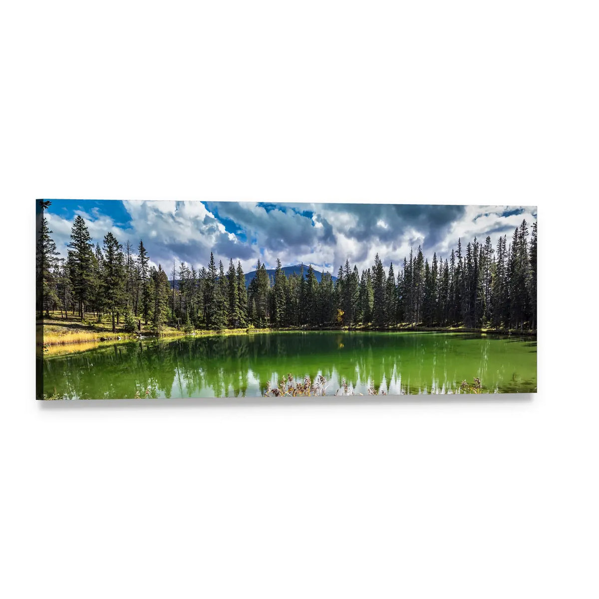 Autumn at Jasper National Park Lake Panoramic Canvas Wall Art, single panel gallery wrapped canvas, angled product view