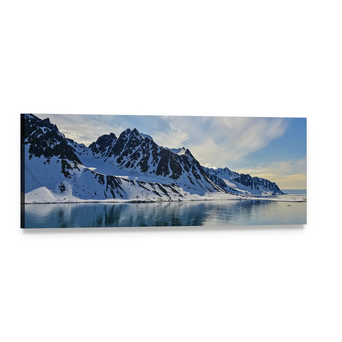 Arctic Fjord with Snow-covered Peaks Panoramic Canvas Wall Art, single panel gallery wrapped canvas, angled product view