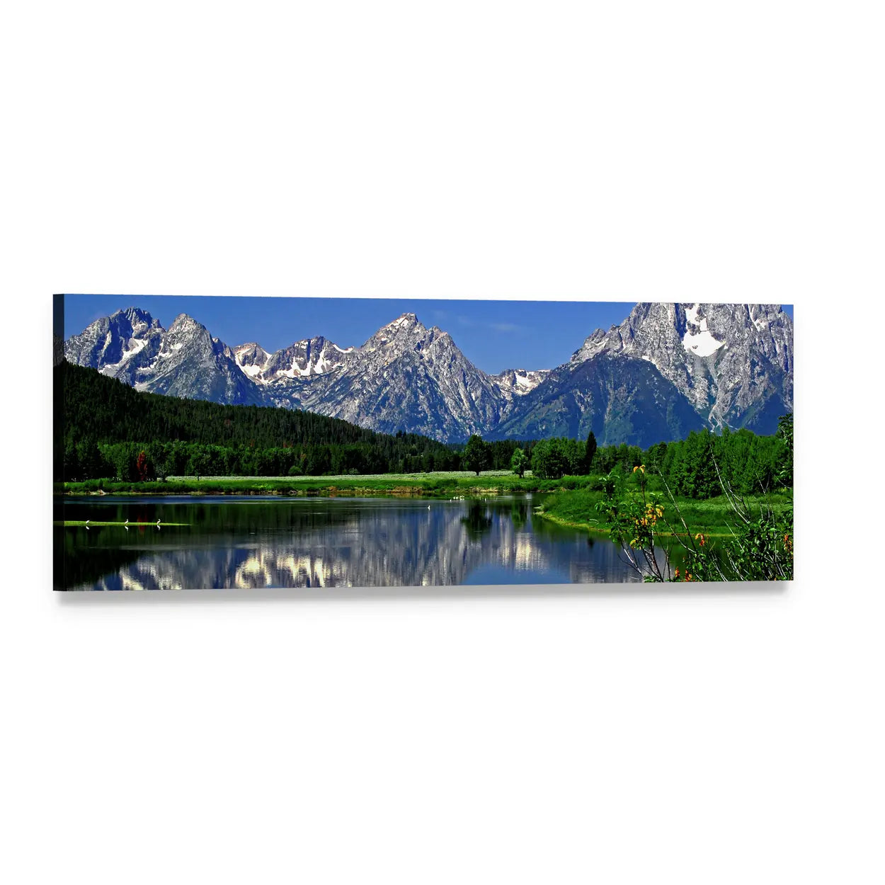 Jackson Lake Reflection Panoramic Canvas Wall Art, single panel gallery wrapped canvas, angled product view