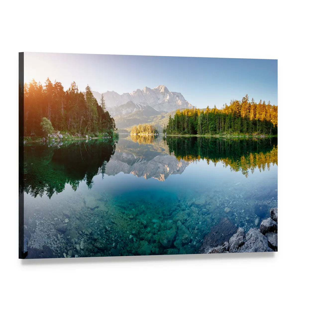 Lake Eibsee Morning Reflection Canvas Wall Art, single panel gallery wrapped canvas, angled product view
