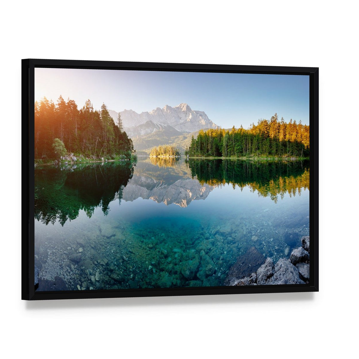 Lake Eibsee Sunrise Reflection Canvas Wall Art, framed canvas in a black floater frame, angled product view