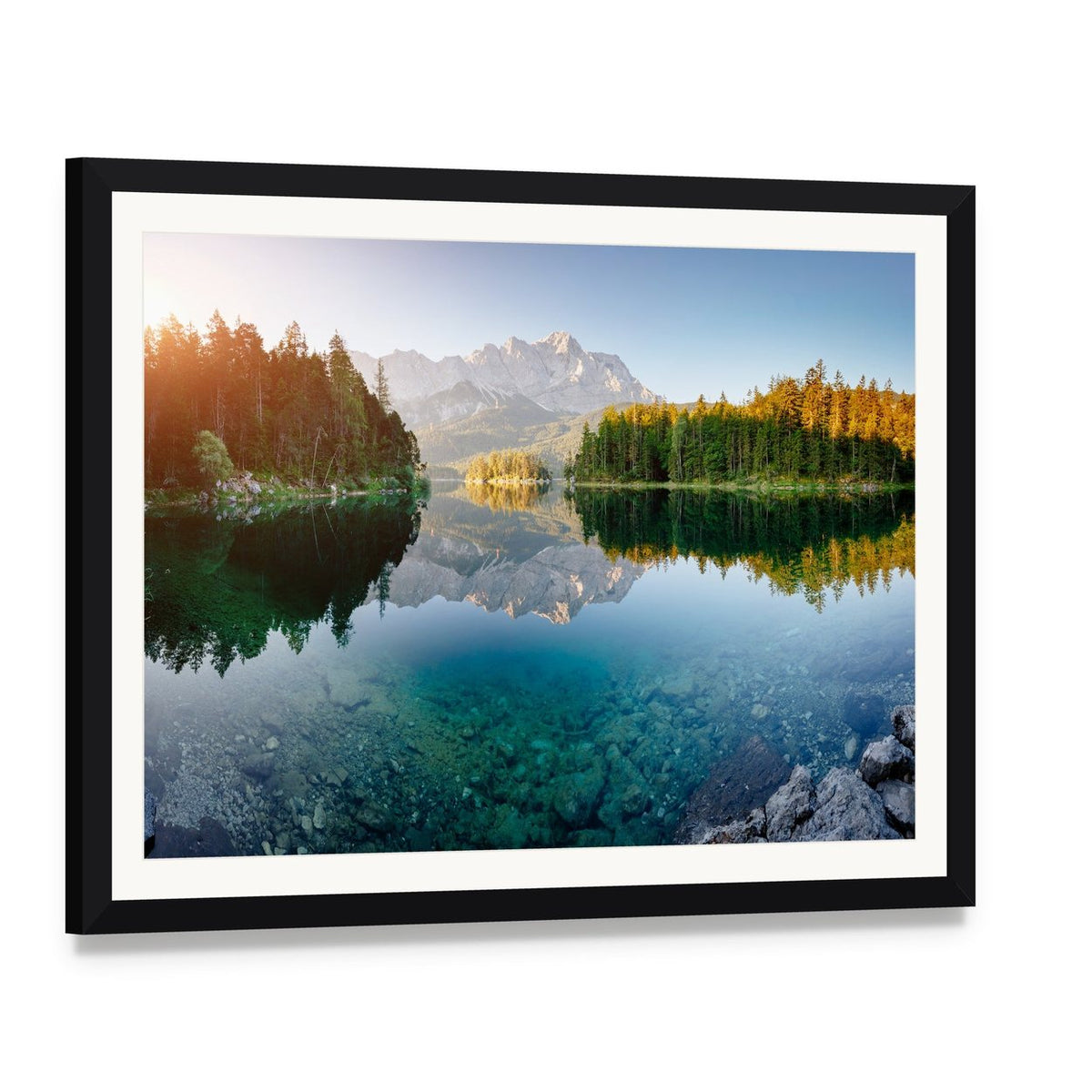 Lake Eibsee Sunrise Reflection Canvas Wall Art, framed print with white mat and black frame, angled product view