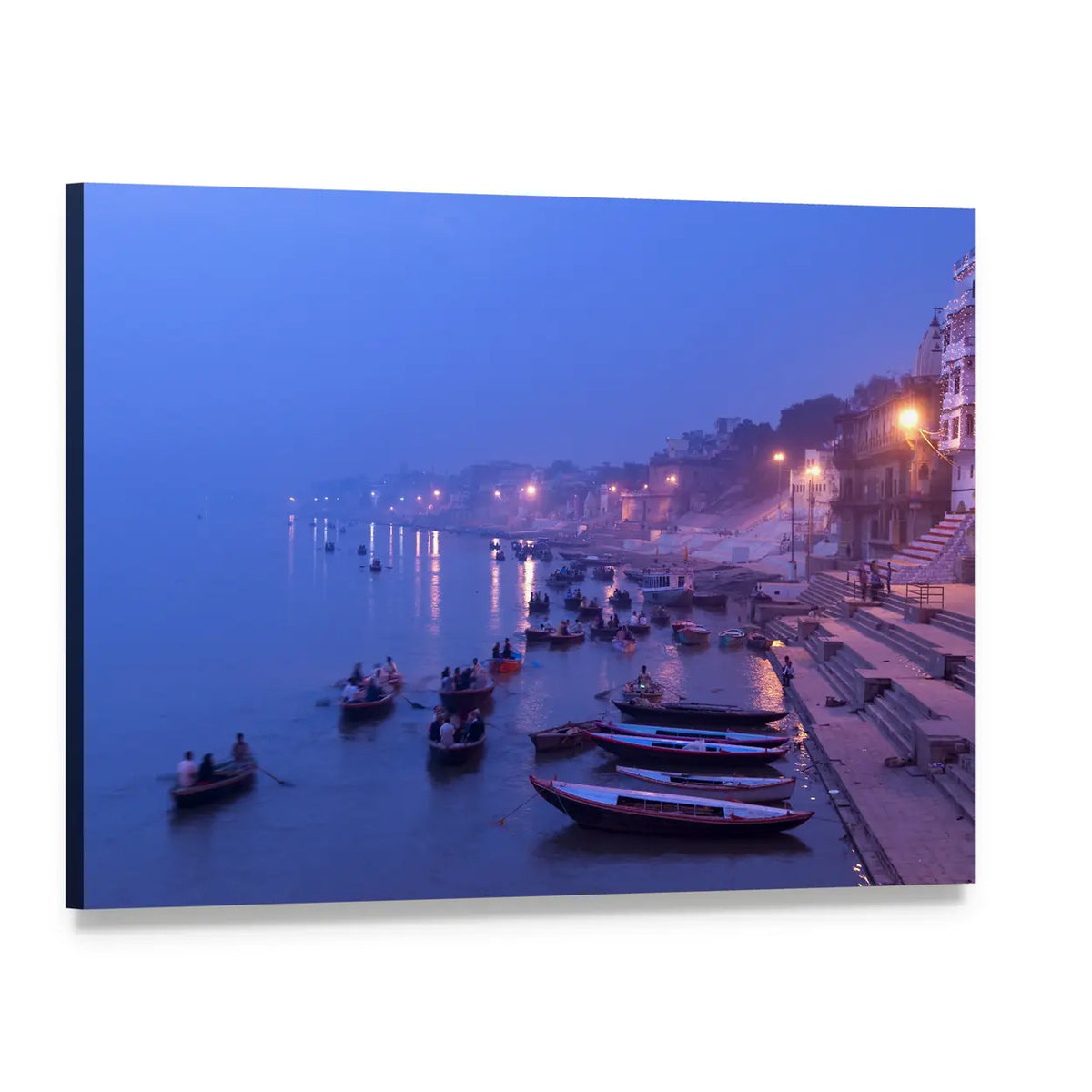 Morning Rowboats Along Misty Ghats Canvas Wall Art, single panel gallery wrapped canvas, angled product view