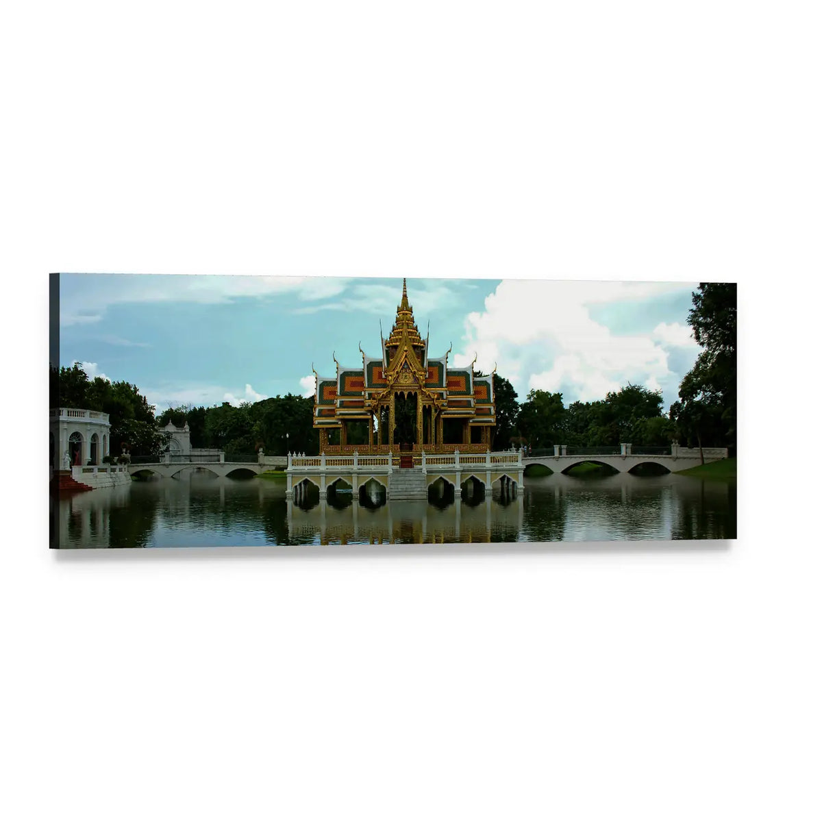 Thai Pavilion Over Reflecting Water Panoramic Canvas Wall Art, single panel gallery wrapped canvas, angled product view