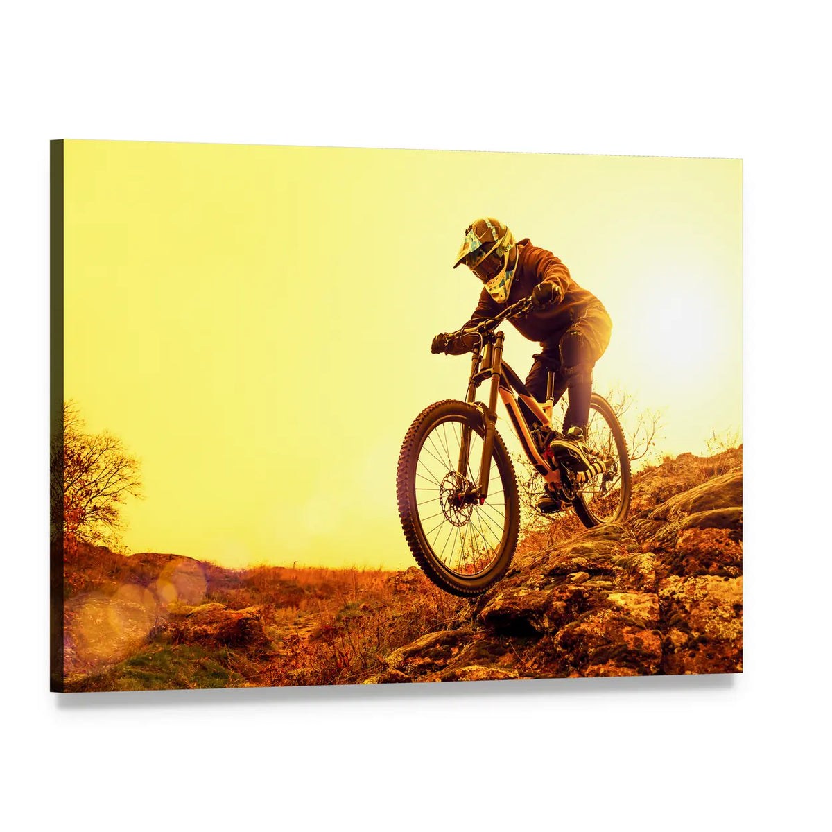 Cyclist Riding Mountain Bike Canvas Wall Art, single panel gallery wrapped canvas, angled product view