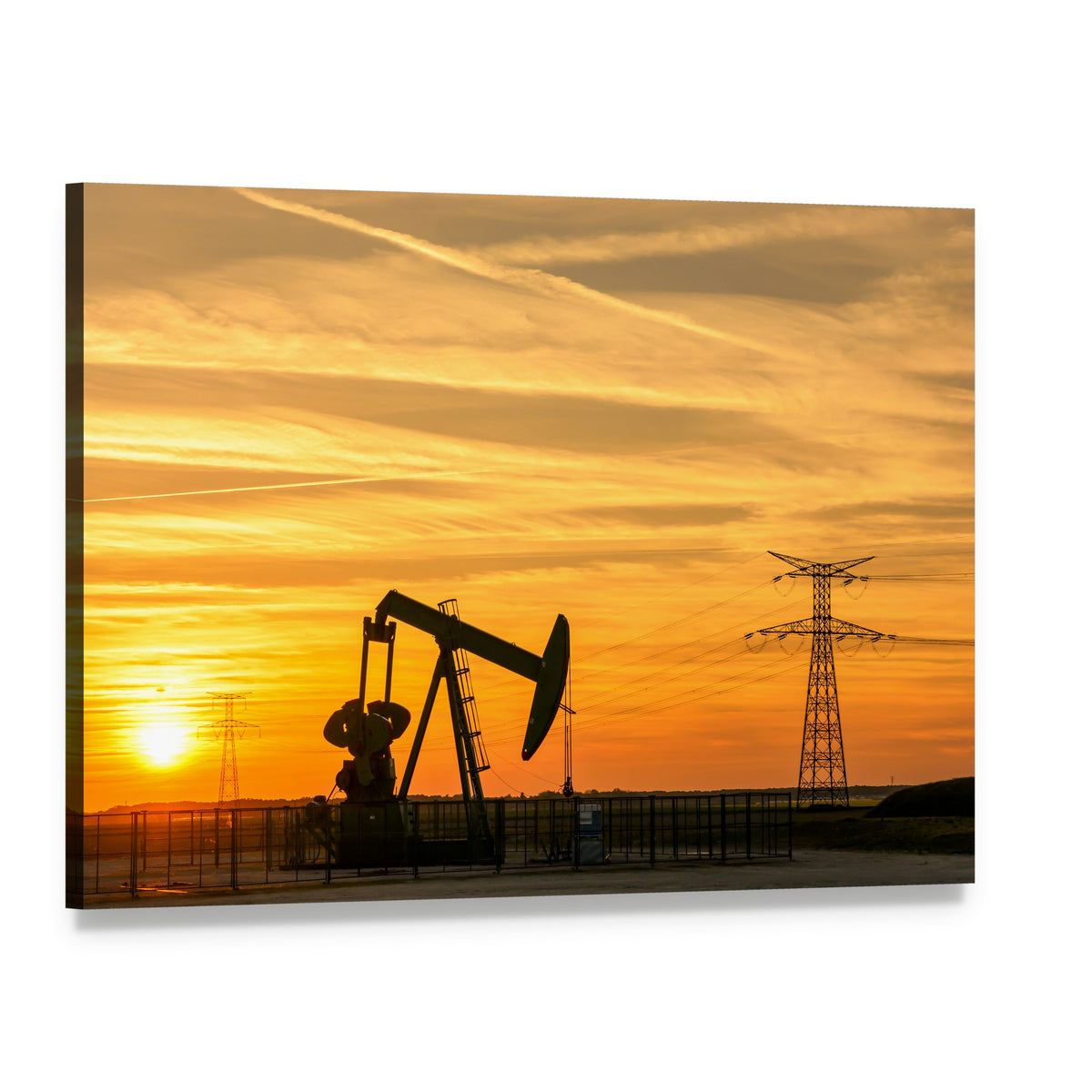 Oil Pumpjack at Sunset Canvas Wall Art, single panel gallery wrapped canvas, angled product view