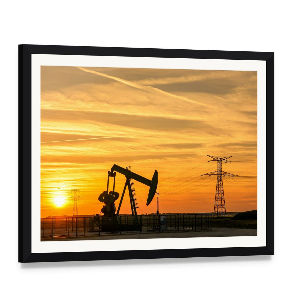 Oil Pumpjack at Sunset Canvas Wall Art, framed print with white mat and black frame, angled product view
