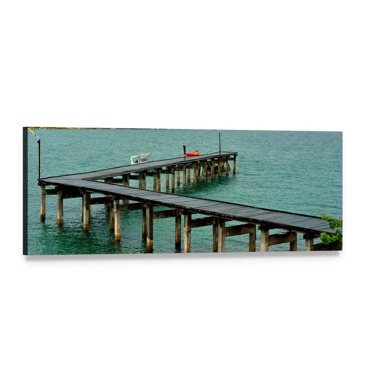 Wooden Bridge in Thailand Harbor Panoramic Canvas Wall Art, single panel gallery wrapped canvas, angled product view