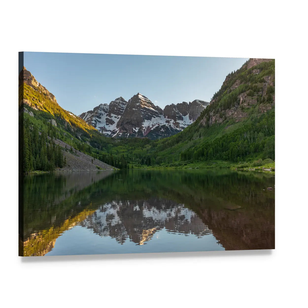 Maroon Bells Summer Reflection Canvas Wall Art, single panel gallery wrapped canvas, angled product view