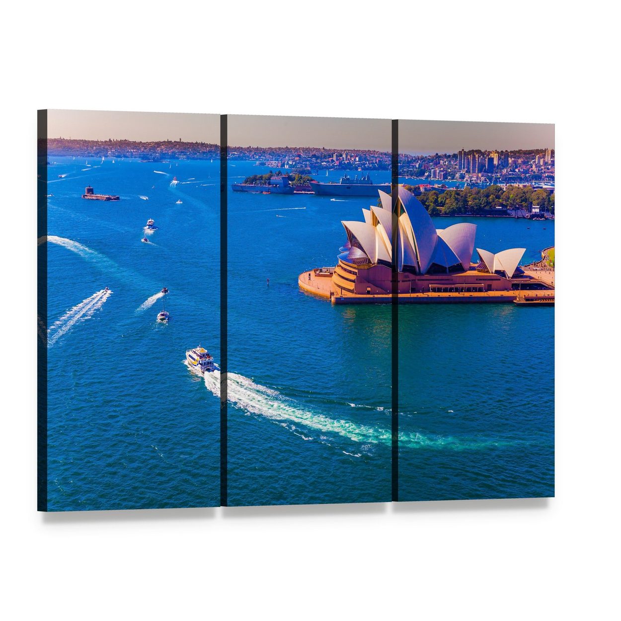 Sydney Opera House Aerial View Canvas Wall Art, 3 panel 3 Horizontal layout gallery wrapped canvas set, angled product view
