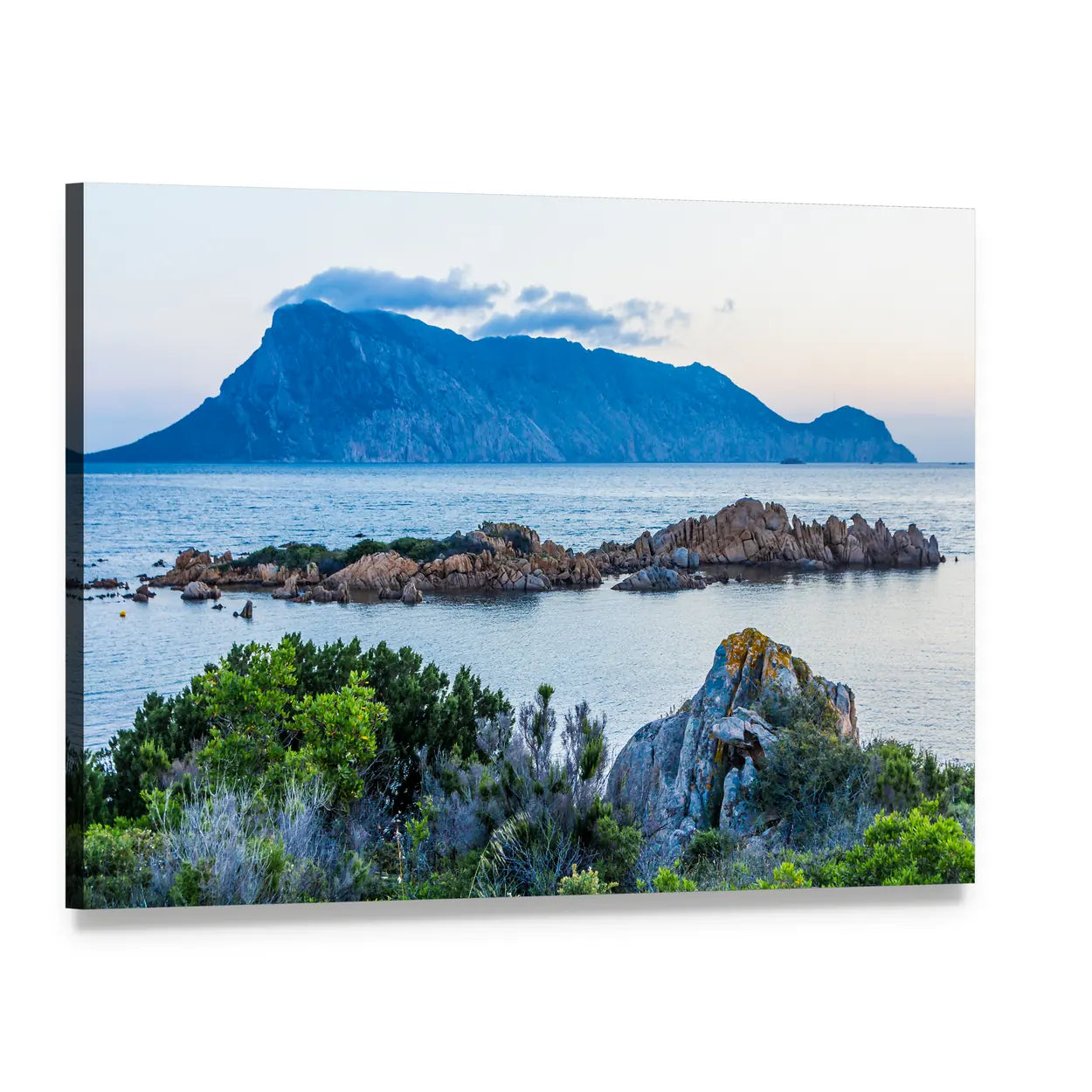 Isola Tavolara Seaside Landscape Canvas Wall Art, single panel gallery wrapped canvas, angled product view