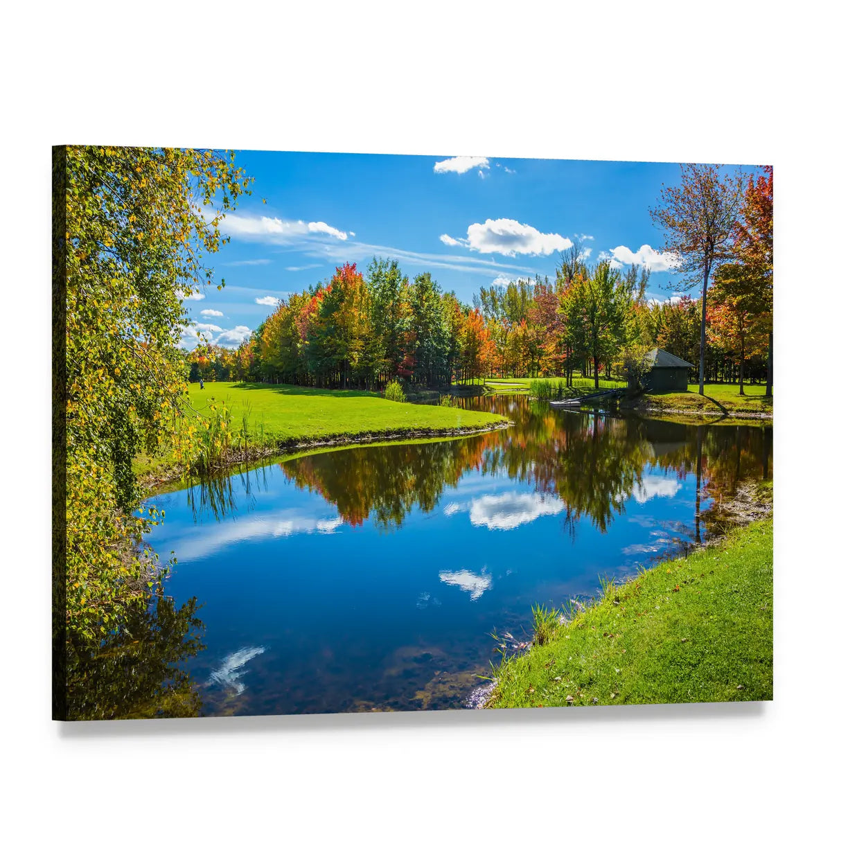 Clear Lake Autumn Reflection Canvas Wall Art, single panel gallery wrapped canvas, angled product view