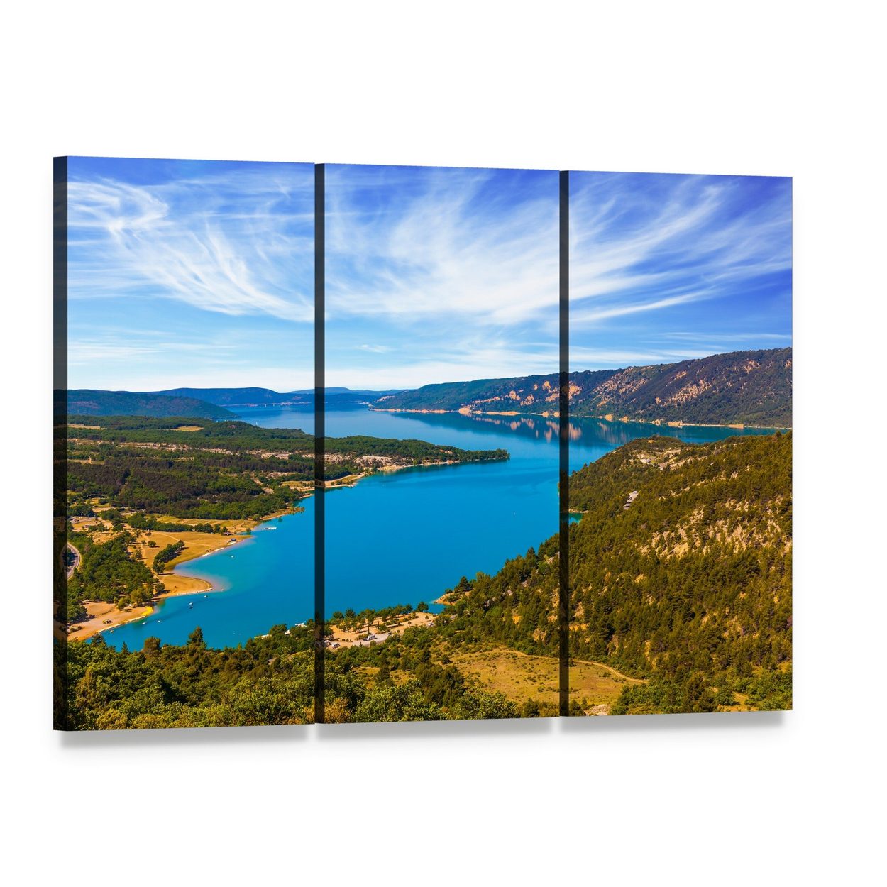 River Verdon, France Canvas Wall Art, 3 panel 3 Horizontal layout gallery wrapped canvas set, angled product view