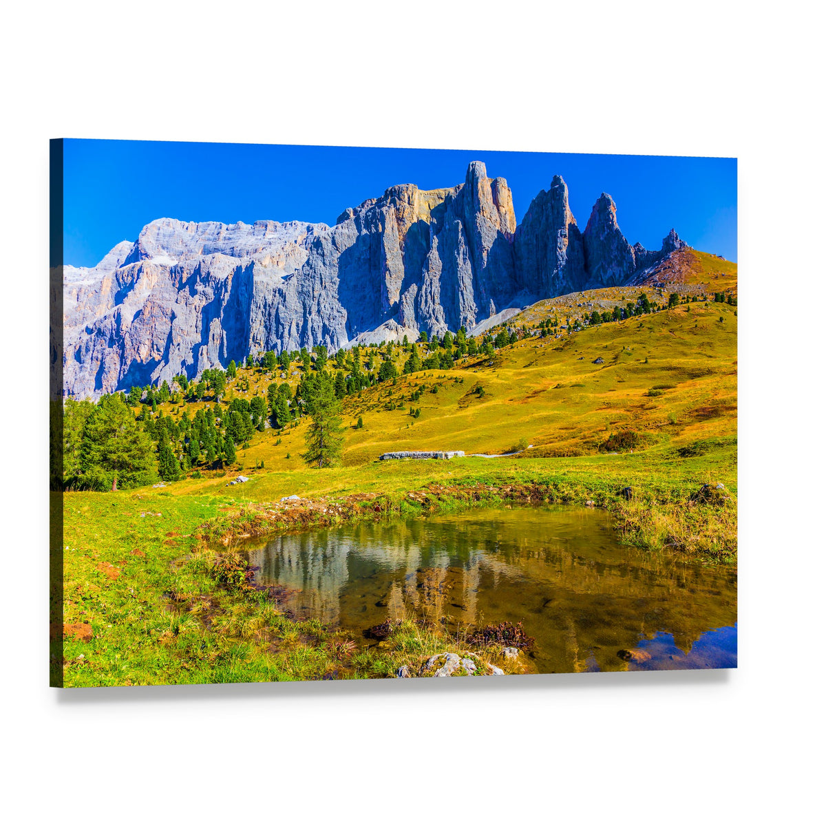 Sunlit Italian Rocky Peaks with Reflecting Pond Canvas Wall Art, single panel gallery wrapped canvas, angled product view