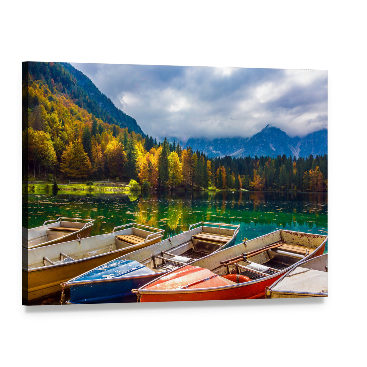 Boats on Lago De Fusine Canvas Wall Art, single panel gallery wrapped canvas, angled product view