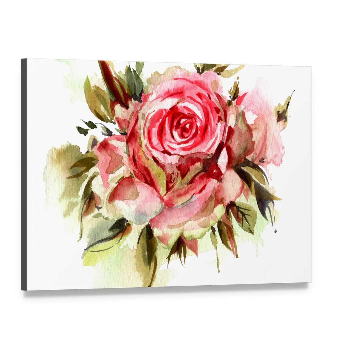 Red Watercolor Roses Canvas Wall Art, single panel gallery wrapped canvas, angled product view