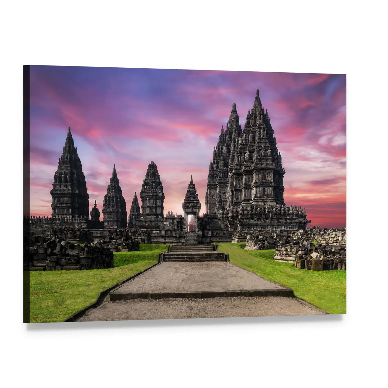 Prambanan Temple at Sunrise Canvas Wall Art, single panel gallery wrapped canvas, angled product view
