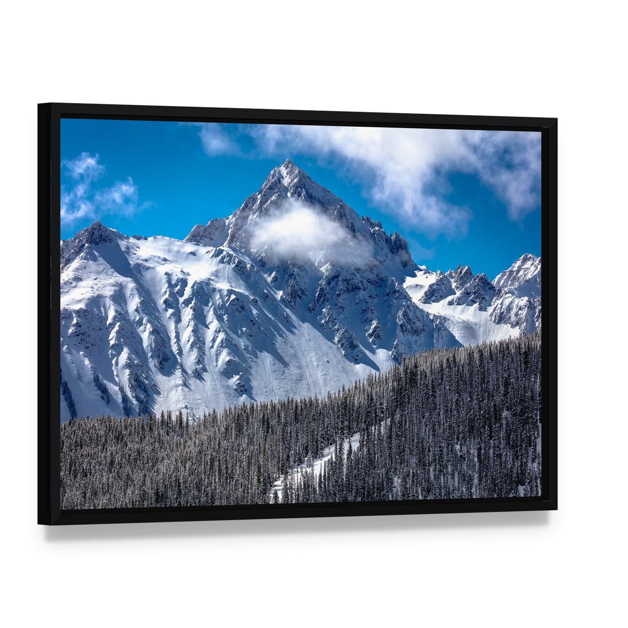 View of Mount Sneffels Canvas Wall Art, framed canvas in a black floater frame, angled product view