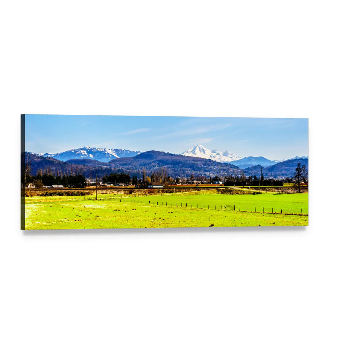 Green Farmland with Snow-capped Peaks Panoramic Canvas Wall Art, single panel gallery wrapped canvas, angled product view
