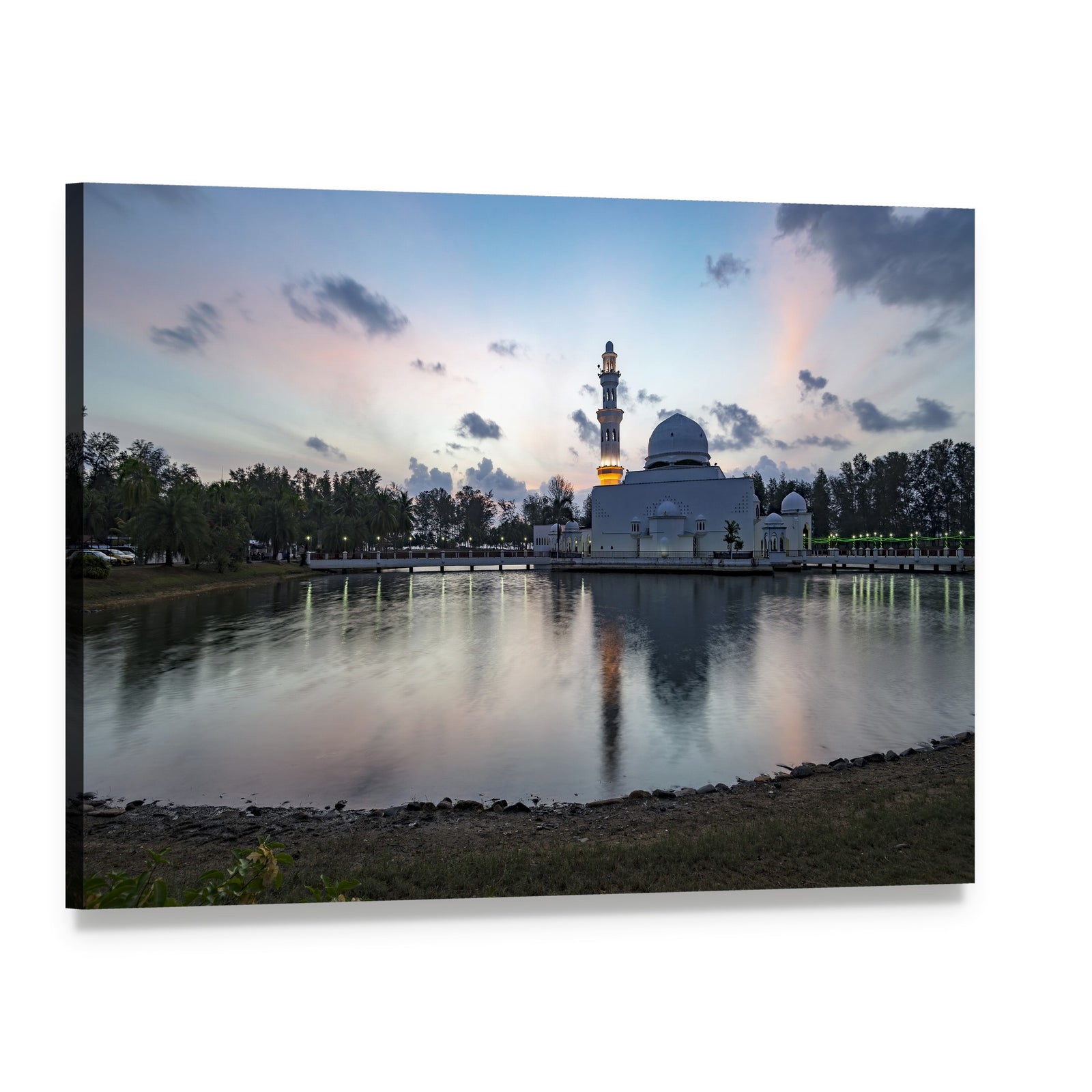 White Mosque by the Lake Canvas Wall Art, single panel gallery wrapped canvas, angled product view