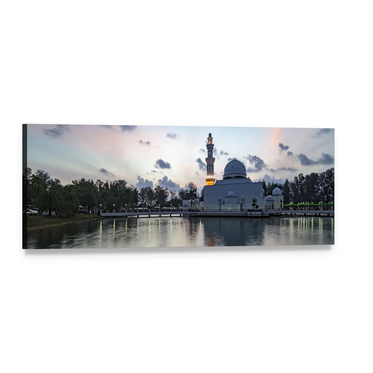 White Mosque at Dusk, Malaysia Panoramic Canvas Wall Art, single panel gallery wrapped canvas, angled product view