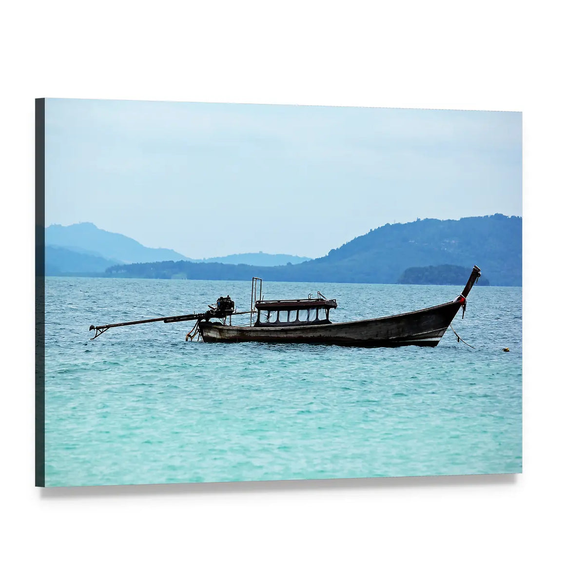 Thai Long-tail Boat on Turquoise Sea Canvas Wall Art, single panel gallery wrapped canvas, angled product view