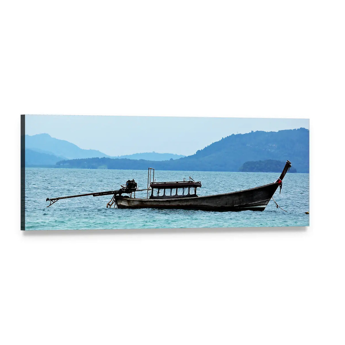 Longtail Fishing Boat on Calm Blue Sea Panoramic Canvas Wall Art, single panel gallery wrapped canvas, angled product view