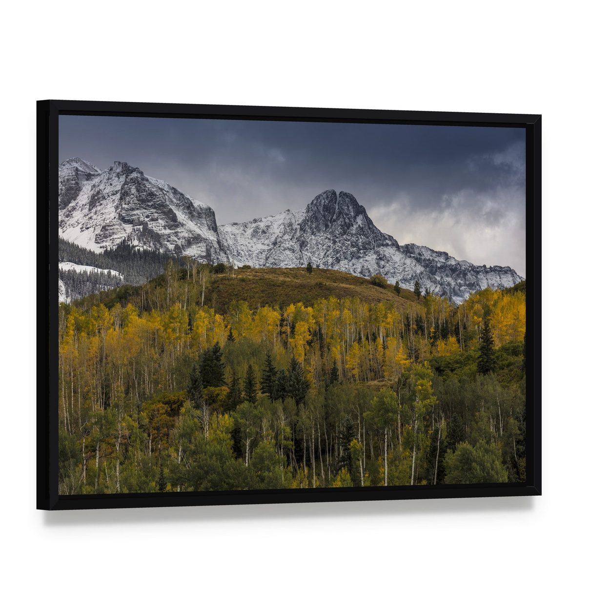 Mount Sneffels in Autumn Canvas Wall Art, framed canvas in a black floater frame, angled product view