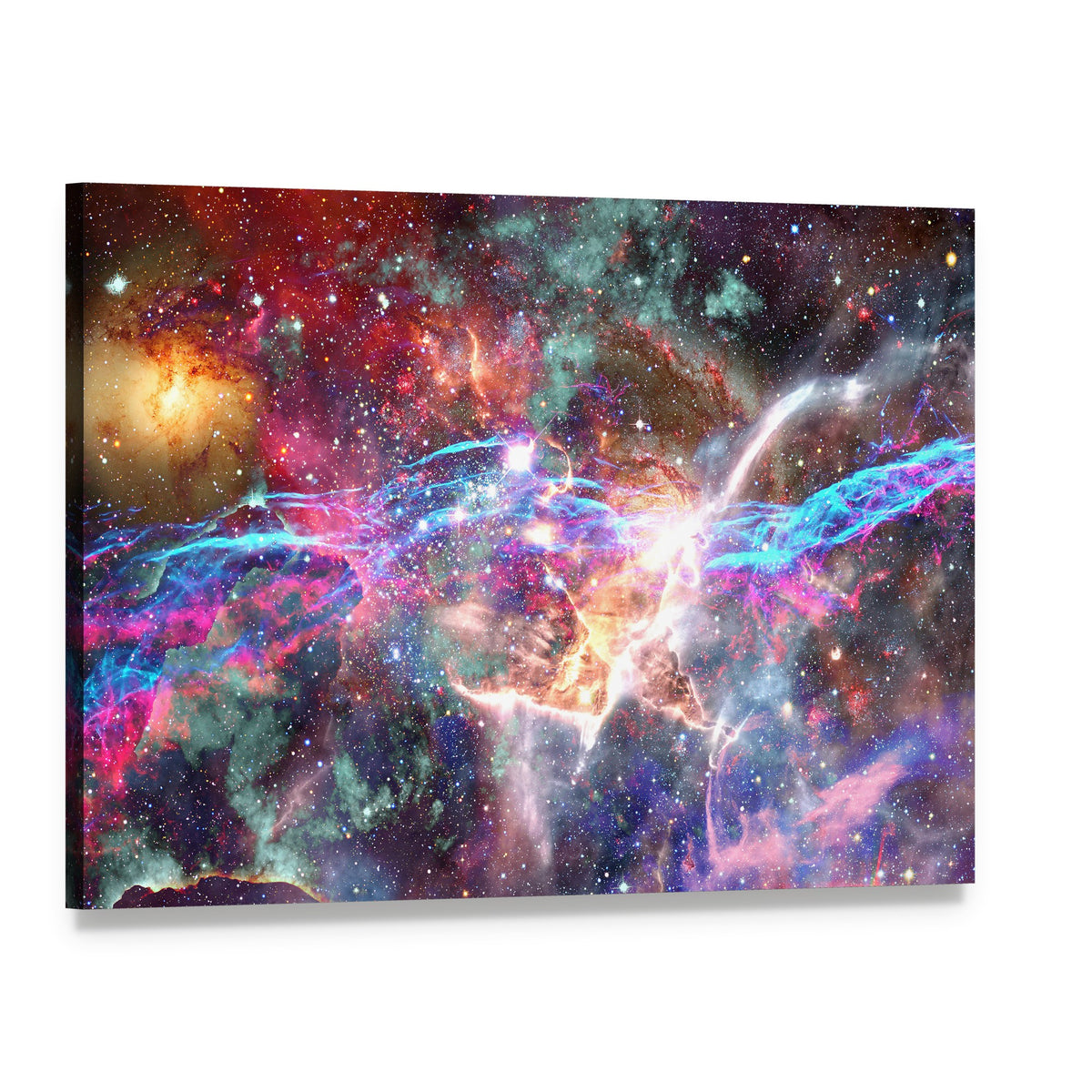 Vibrant Galaxy and Nebula Canvas Wall Art, single panel gallery wrapped canvas, angled product view
