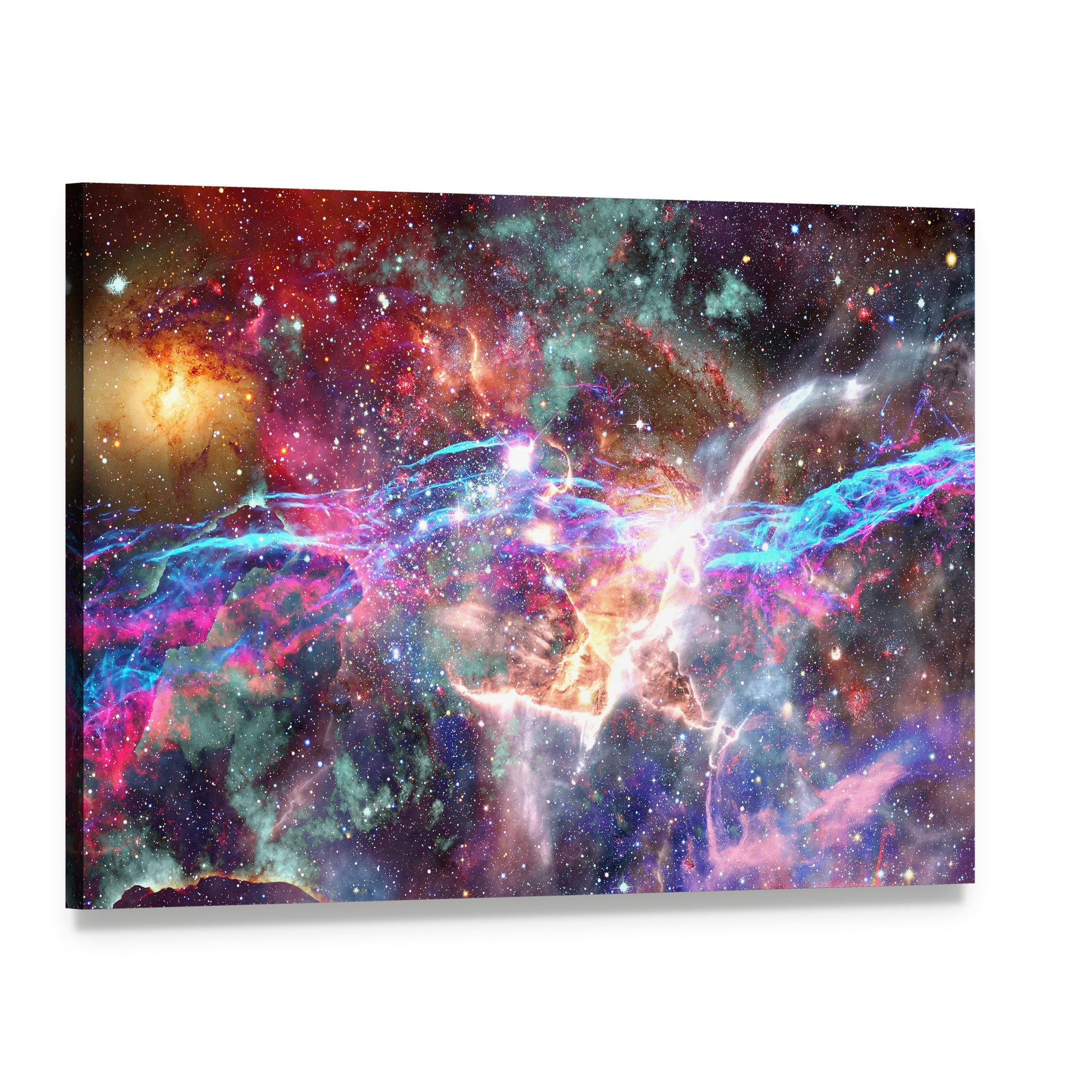 Vibrant Galaxy and Nebula Canvas Wall Art, single panel gallery wrapped canvas, angled product view