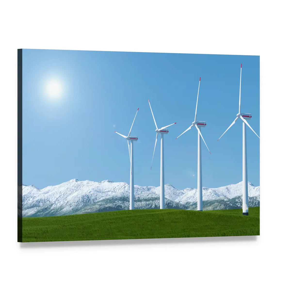 Wind Turbines with Red Tips Over Green Field Canvas Wall Art, single panel gallery wrapped canvas, angled product view