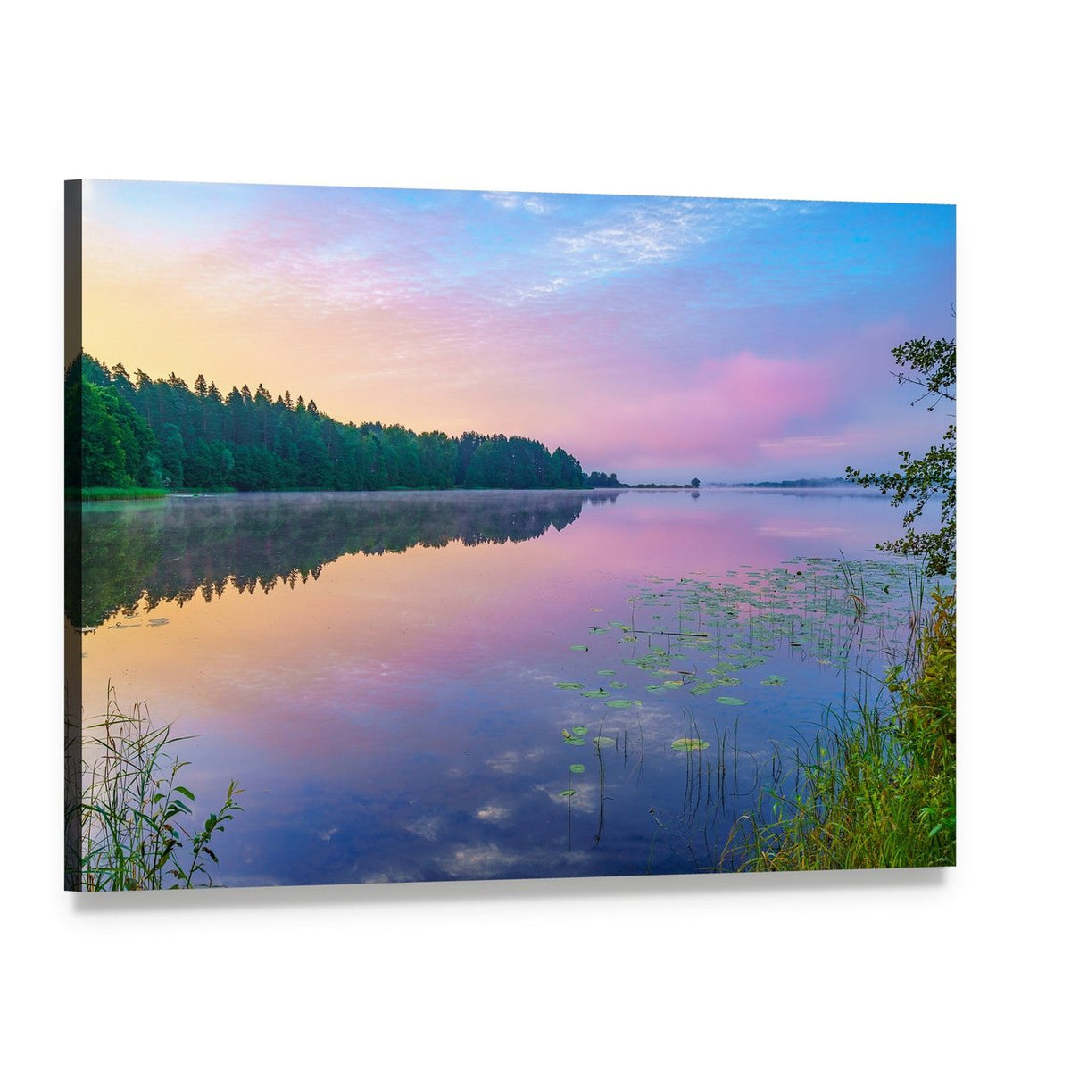 Sunrise Over Forest Lake Canvas Wall Art, single panel gallery wrapped canvas, angled product view