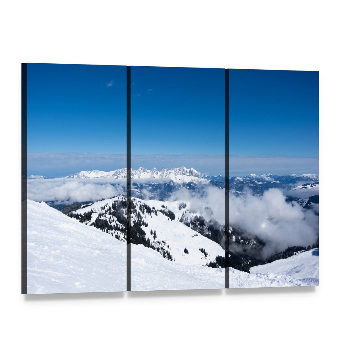 Snowy Alpine Ridge Above Sea of Clouds Canvas Wall Art, 3 panel 3 Horizontal layout gallery wrapped canvas set, angled product view