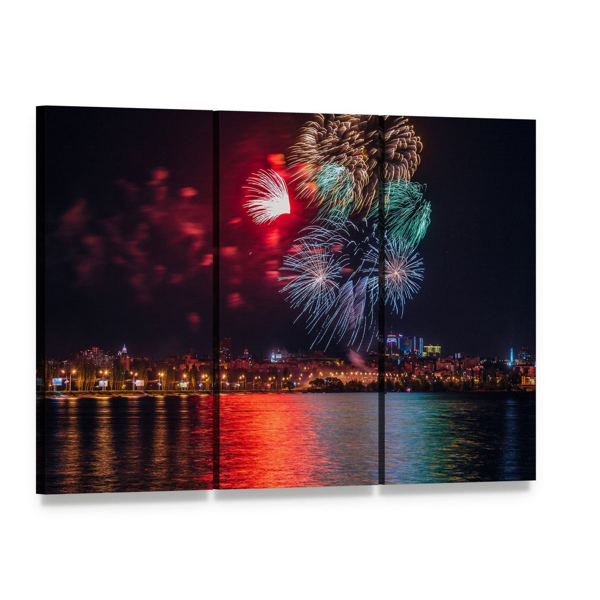 City Fireworks Over River at Night Canvas Wall Art, 3 panel 3 Horizontal layout gallery wrapped canvas set, angled product view