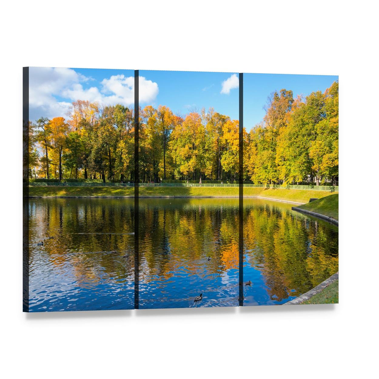 Autumn Lake Reflections with Ducks Canvas Wall Art, 3 panel 3 Horizontal layout gallery wrapped canvas set, angled product view