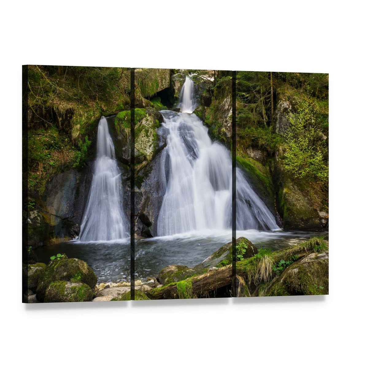 Two Terraced Waterfalls in Forest Canvas Wall Art, 3 panel 3 Horizontal layout gallery wrapped canvas set, angled product view