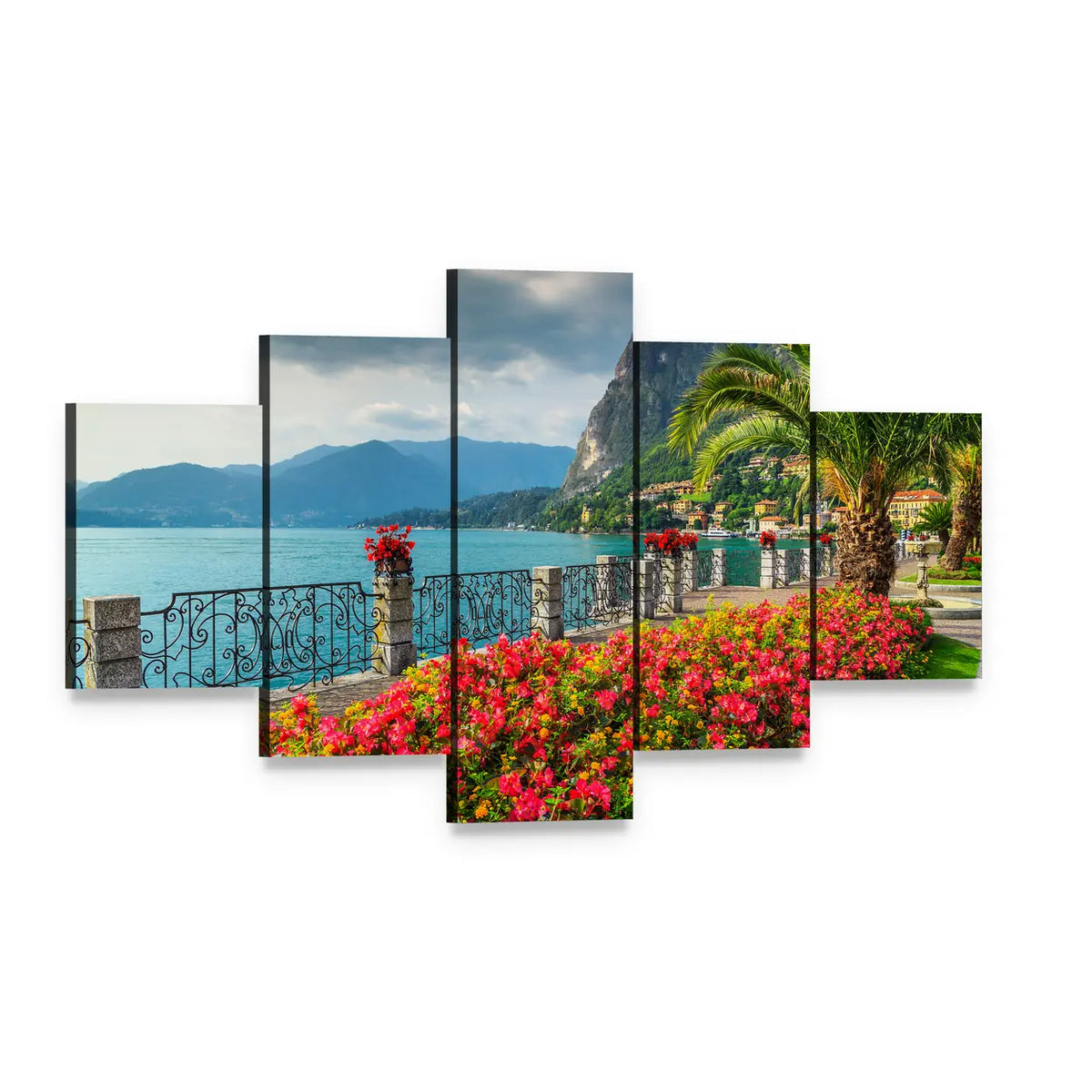 Lake Como Italy Canvas Wall Art, 5 panel 5 Star layout gallery wrapped canvas set, angled product view