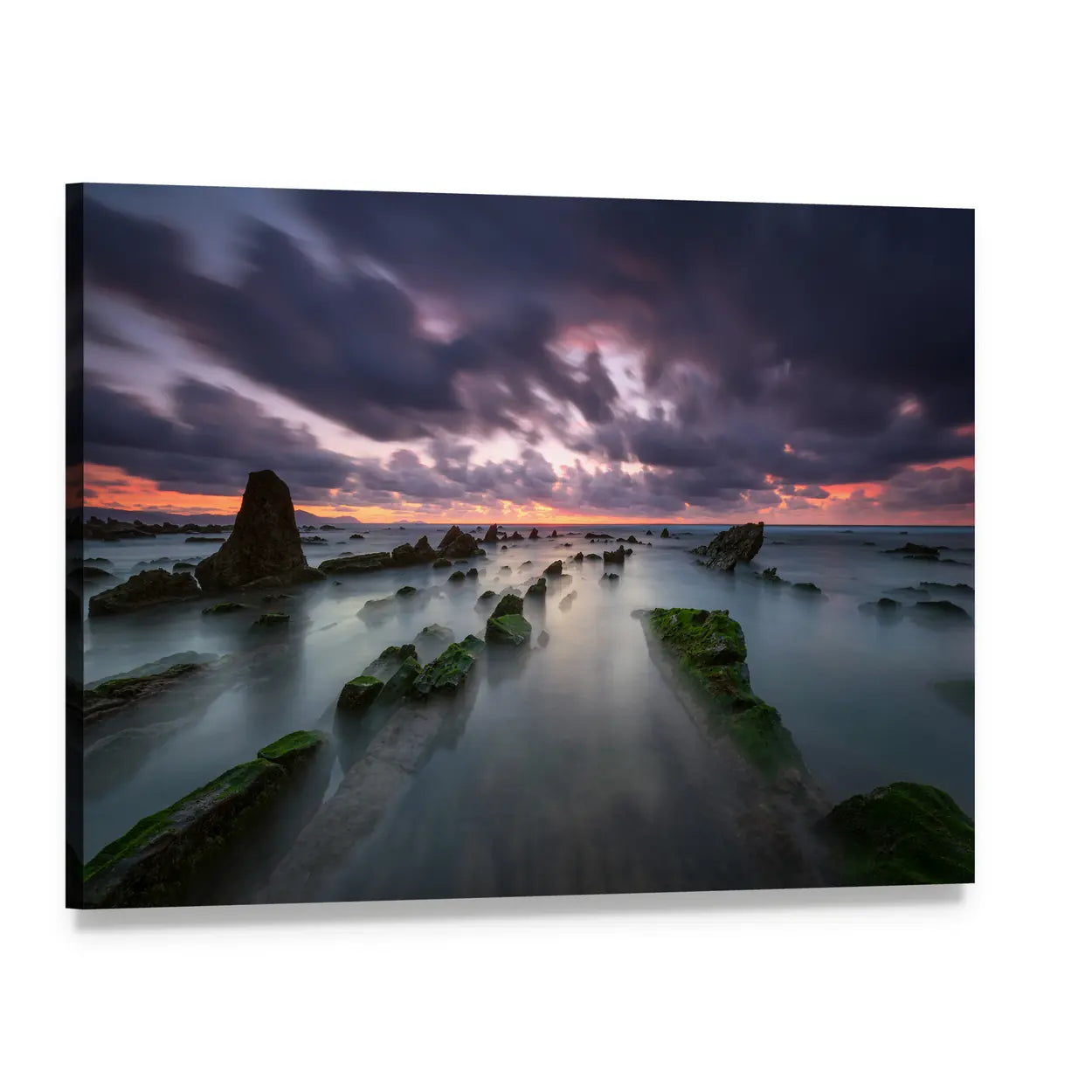 Misty Sunset Over Moss-covered Coastal Rocks Canvas Wall Art, single panel gallery wrapped canvas, angled product view