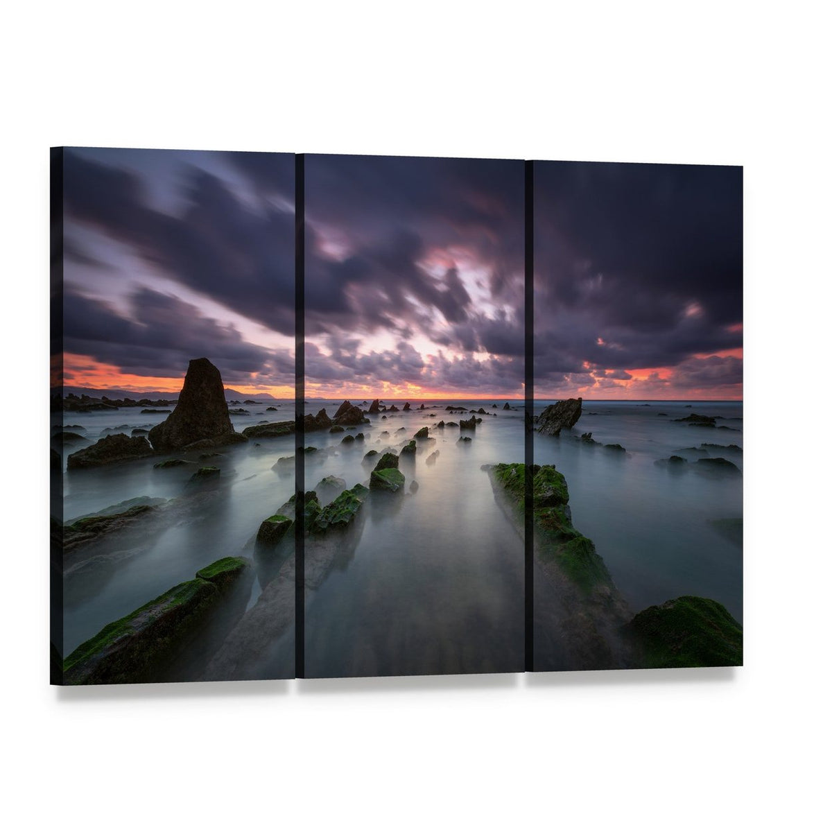 Misty Rocky Coast at Sunset Canvas Wall Art, 3 panel 3 Horizontal layout gallery wrapped canvas set, angled product view