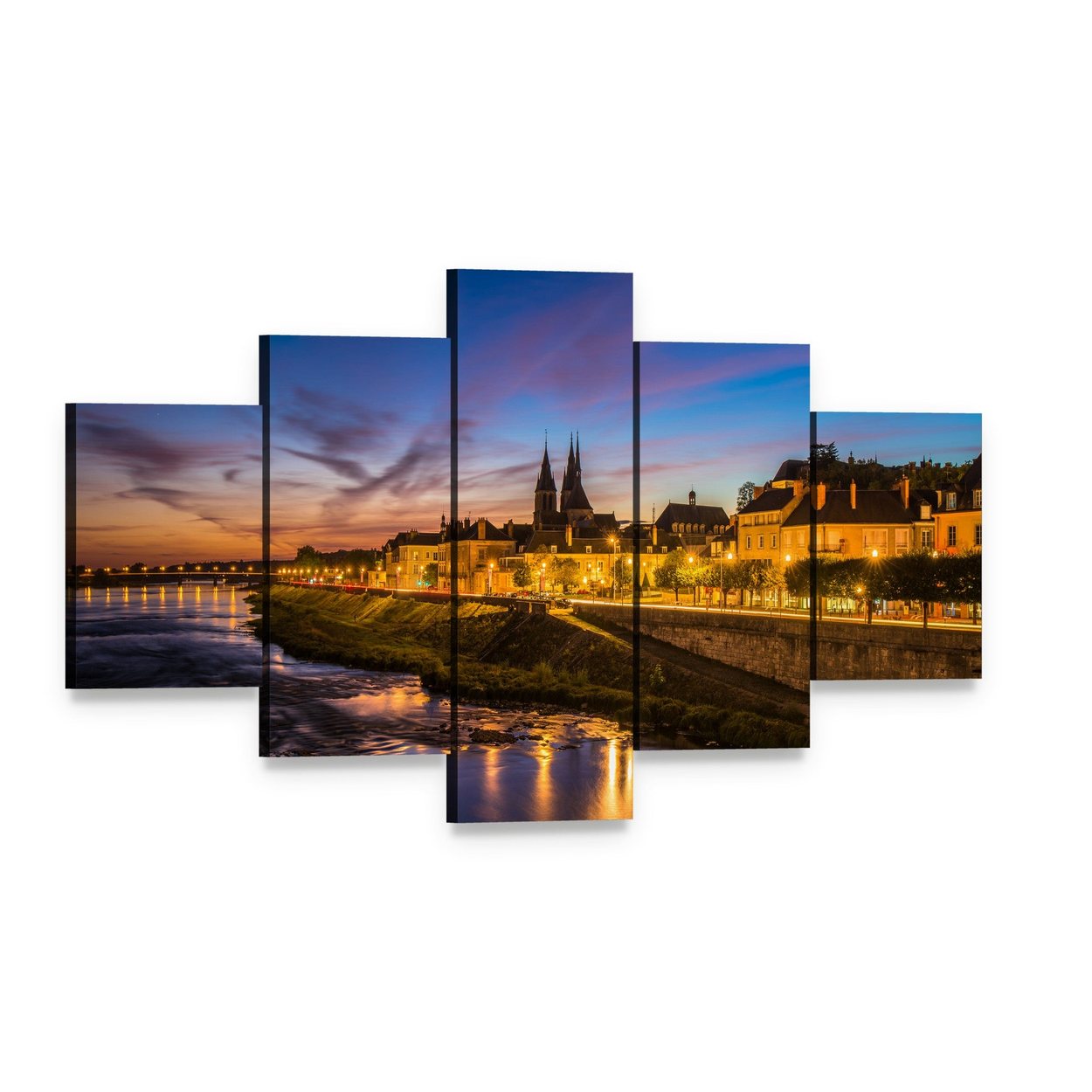 Sunset Cityscape with Cathedral and River Canvas Wall Art, 5 panel 5 Star layout gallery wrapped canvas set, angled product view