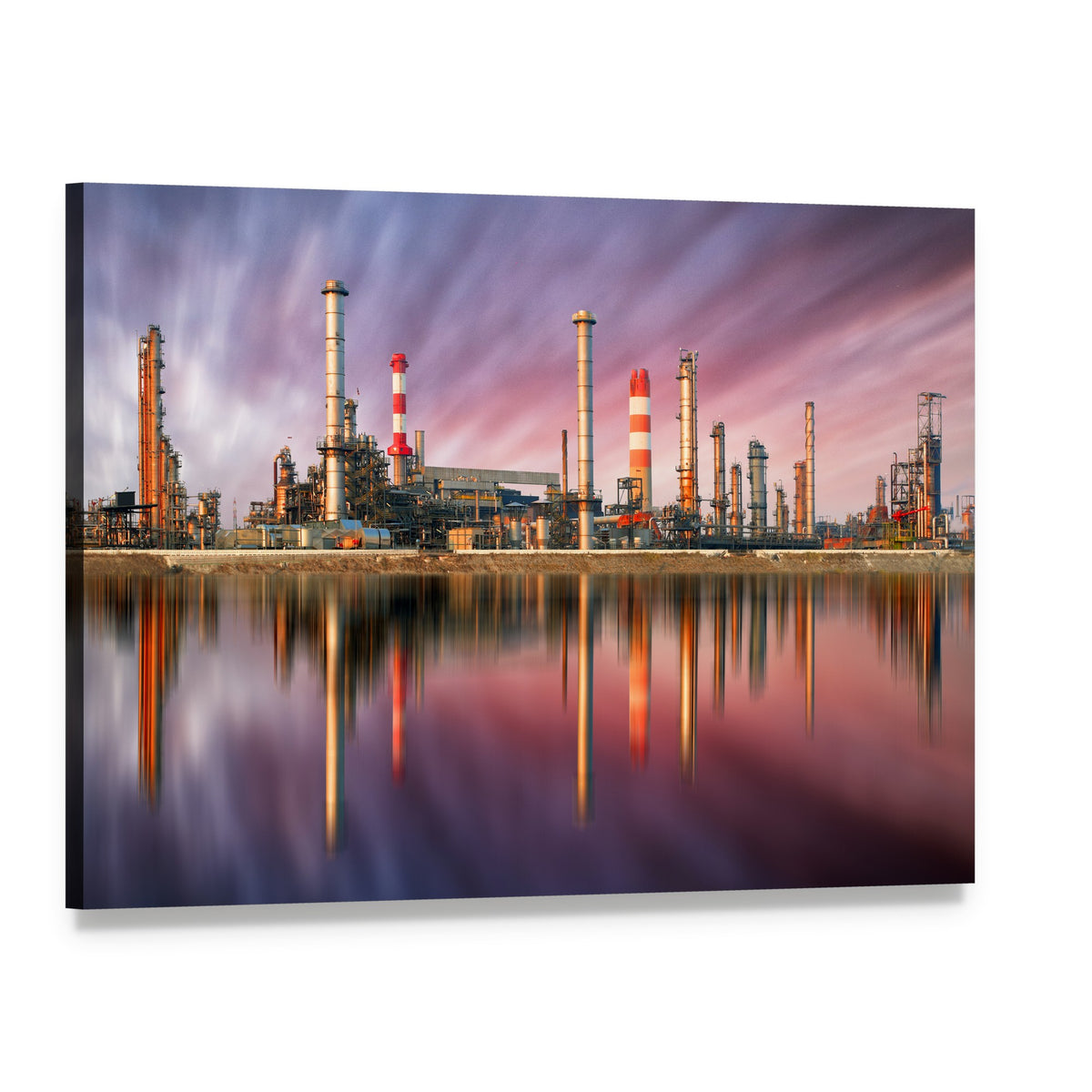 Oil Refinery at Sunset Canvas Wall Art, single panel gallery wrapped canvas, angled product view