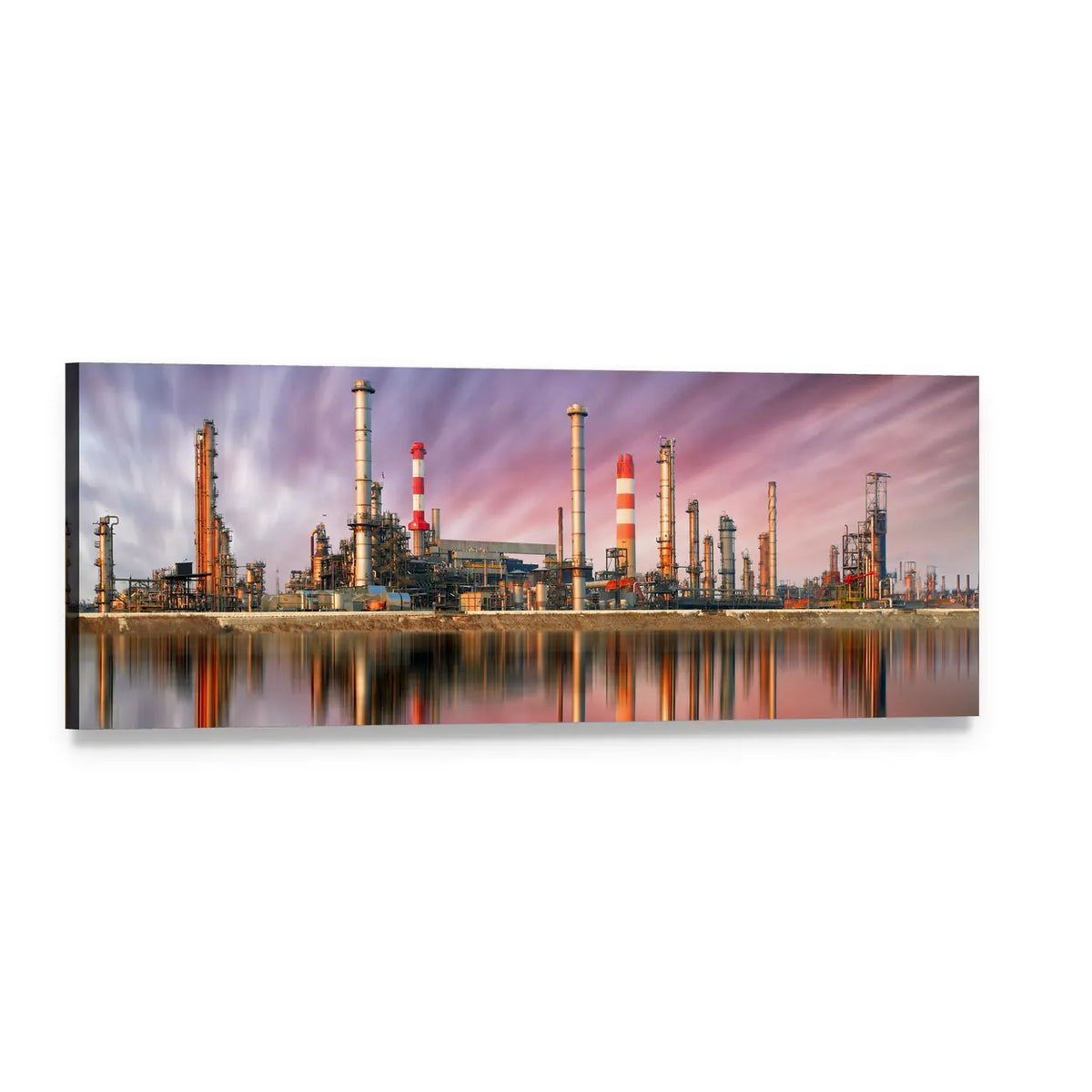 Oil Refinery at Sunset Panoramic Canvas Wall Art, single panel gallery wrapped canvas, angled product view