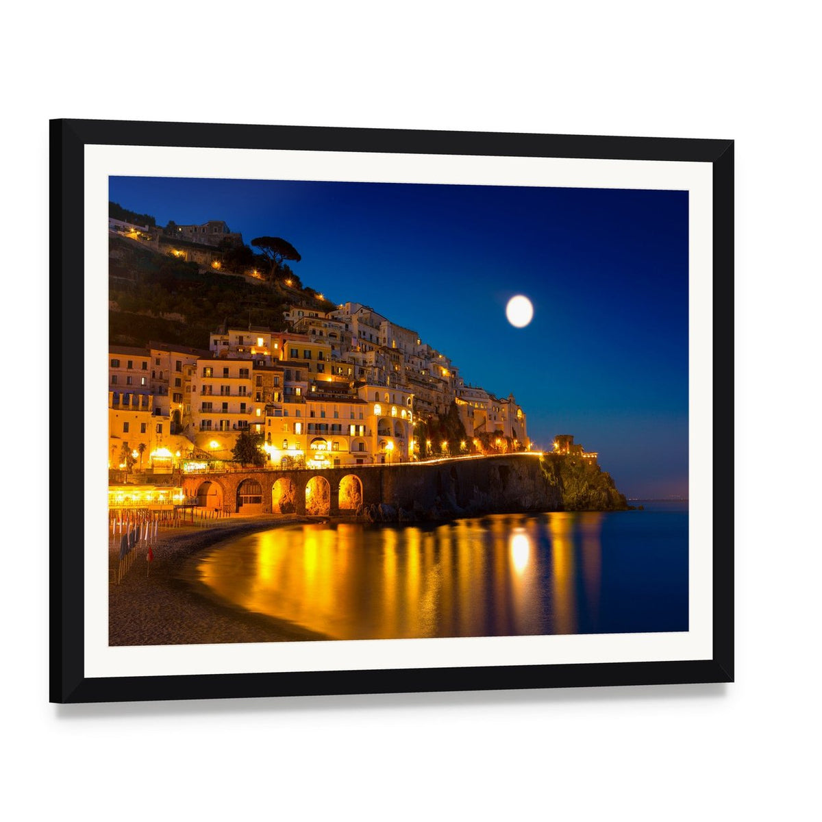 Amalfi Coast Moonlit Village Canvas Wall Art, framed print with white mat and black frame, angled product view