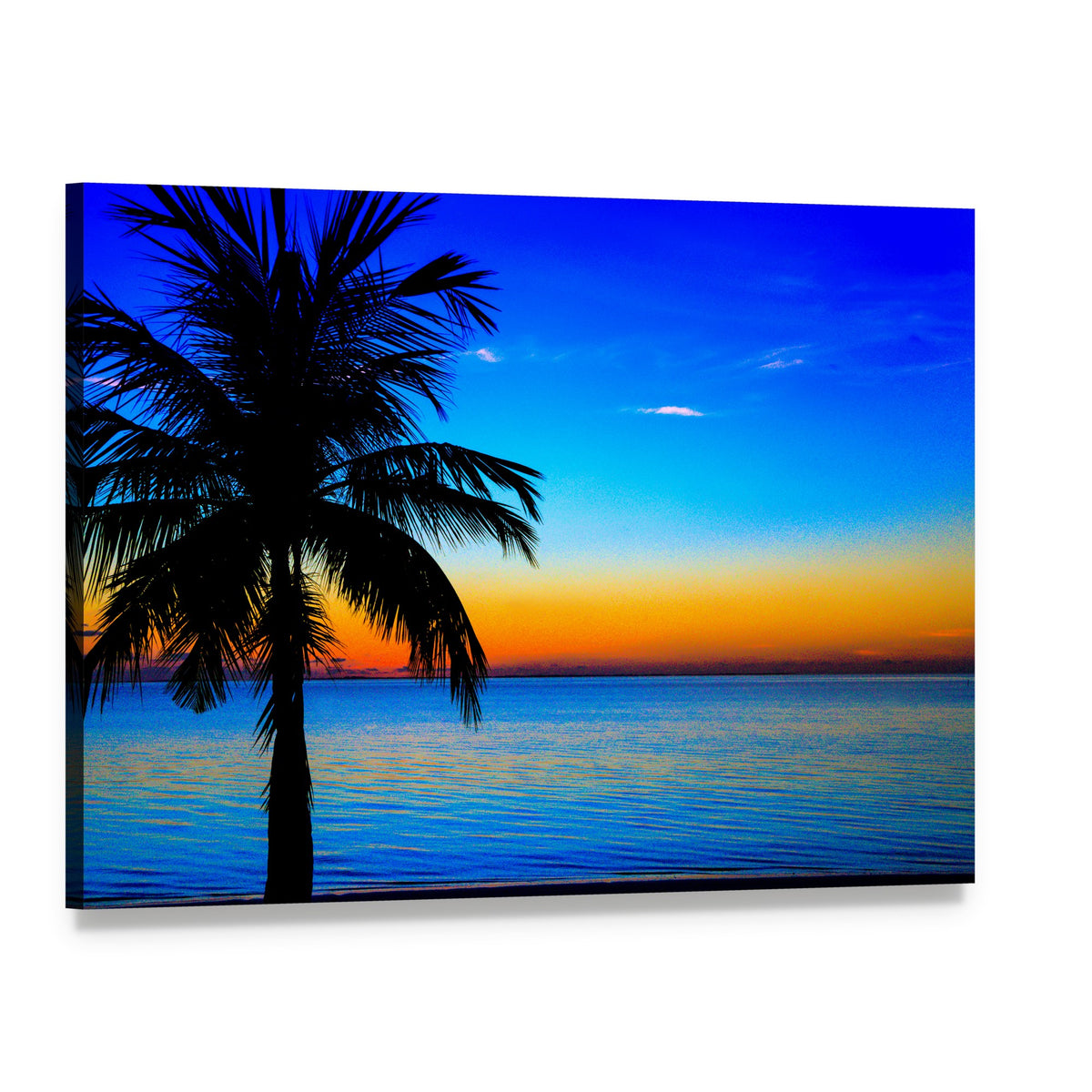 Palm Tree Sunset Over Sea Canvas Wall Art, single panel gallery wrapped canvas, angled product view