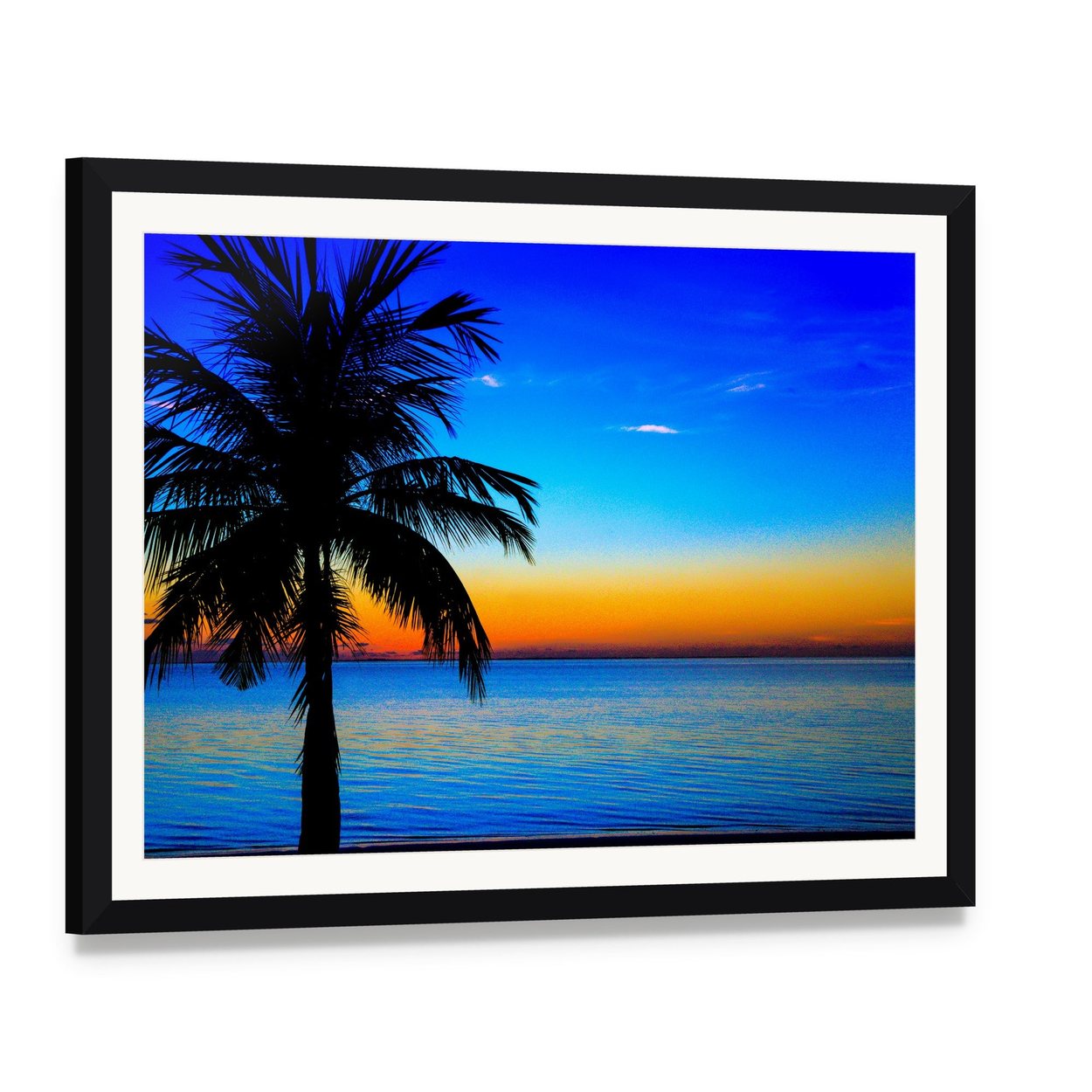 Palm Tree Sunset Over Sea Canvas Wall Art, framed print with white mat and black frame, angled product view