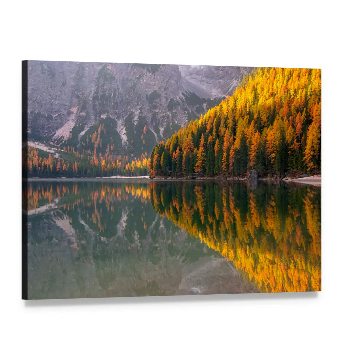 Braies Lake in Autumn Canvas Wall Art, single panel gallery wrapped canvas, angled product view